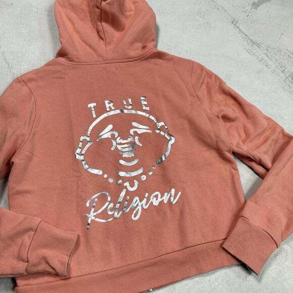 True Religion Pink Zip Hoodie M Metallic Logo Cropped Peach Pink  Y2K Streetwear - Picture 3 of 8